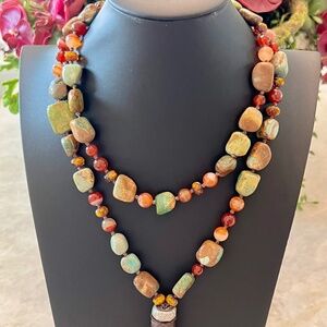 Turquoise, Carnelian, Imperial Topaz Knotted Necklace with Leather tassel